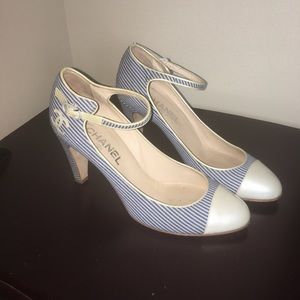 SOLD! CHANEL Striped Canvas Mary Jane Pump 39 1/2